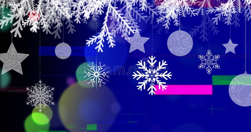 Digital image of glitch technique and christmas decorations moving on blue background stock illustration