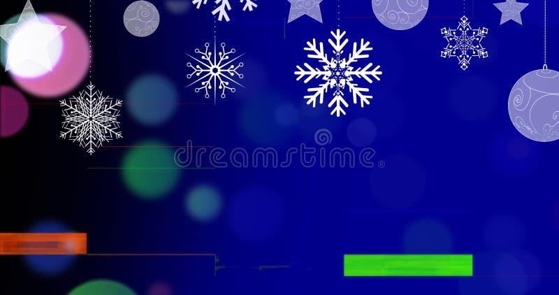 Digital image of glitch technique and christmas decorations moving on blue background stock photos