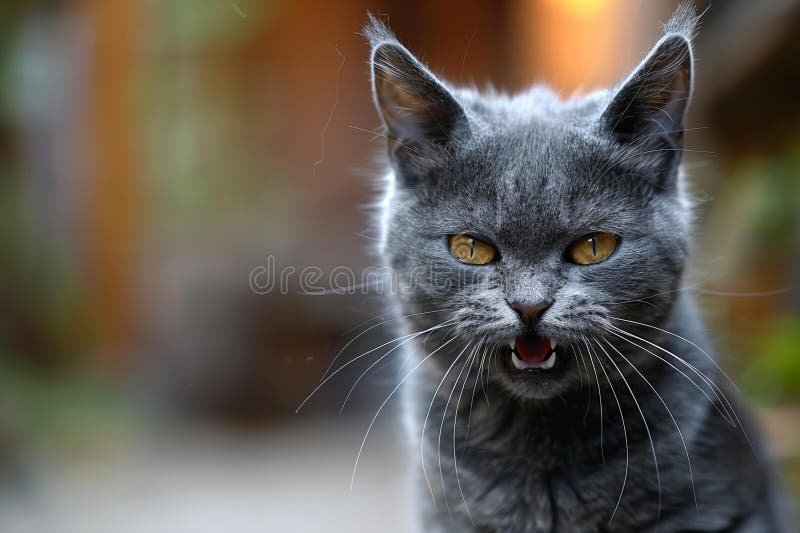 Digital image of gray, grey cat looking at the camera and barking stock illustration