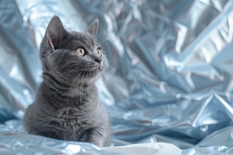 Digital image of grey cat is sitting on a piece of white paper stock illustration.