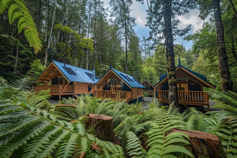 Digital image of group of wooden eco 'glamping' huts in the forest surrounded vector illustration.