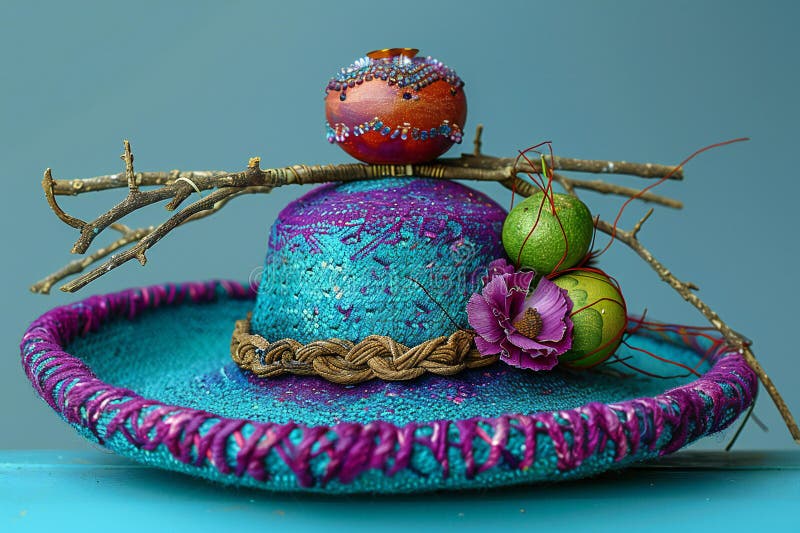 Digital image of hat with a maraca and sticks on a blue background vector illustration.