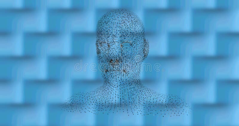 Digital image of human face model spinning against textured pattern on blue background stock illustration