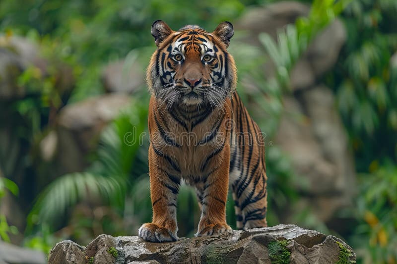 Digital image of majestic tiger standing on top of rocks, surrounded vector illustration.