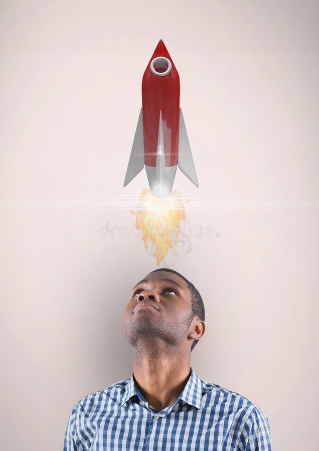 Digital image of man looking up at rocket launch while standing against beige background vector illustration
