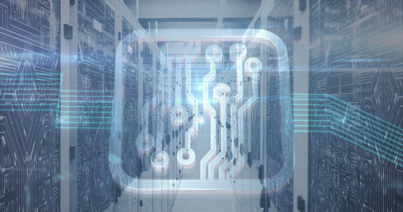 Digital image of microprocessor connections against empty server room. computer interface technology and online security concept.