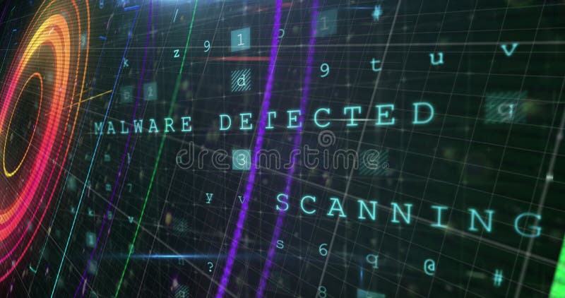 Digital image of round scanner against cyber security data processing on black background stock photos