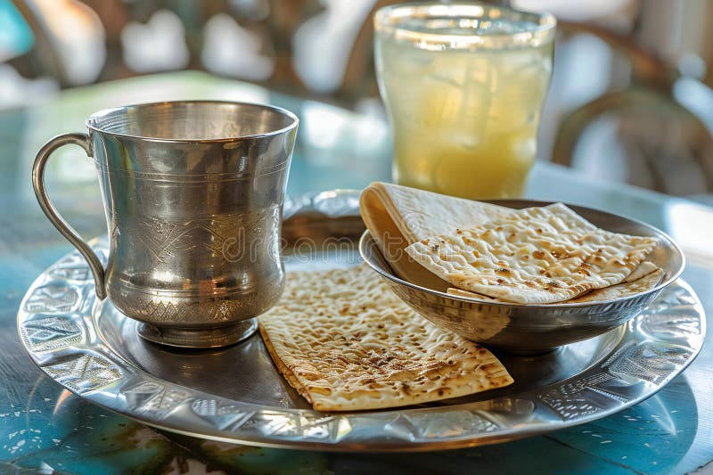 Digital image of silver cup, a silver plate, a bowl of matzoh bread and a napkin royalty free illustration.