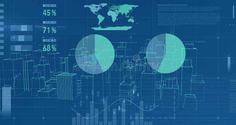 Graphs and data with virtual buildings in a city vector illustration