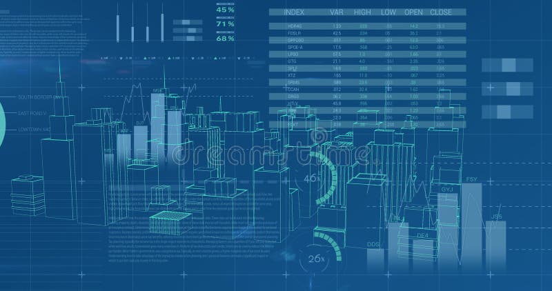 Graphs and data with virtual buildings in a city vector illustration