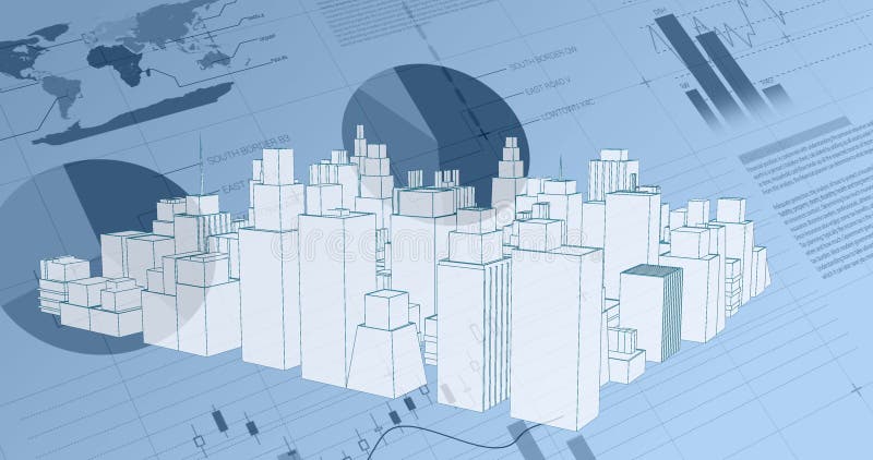 Virtual buildings in a city with background of different statistics and graphs vector illustration