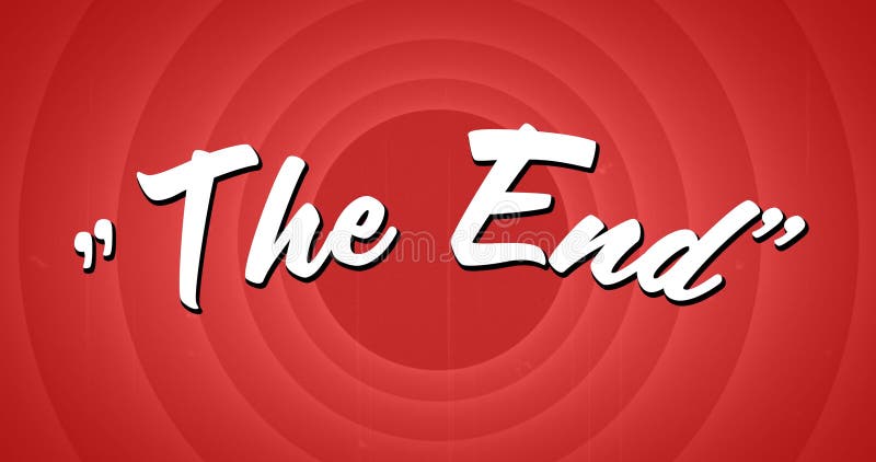 Digital image of a white The End sign appearing in the screen while background shows a red circular stock illustration