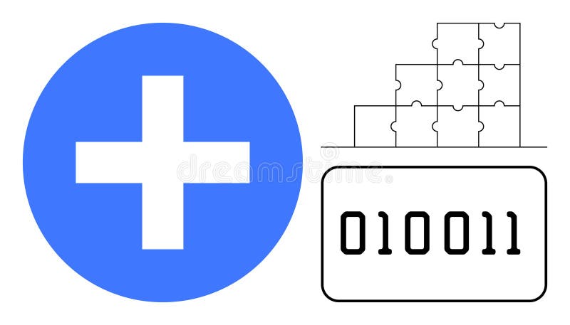 Digital Innovation Concept with Cross, Binary Code, and Puzzle Elements royalty free illustration