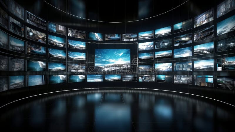 Digital Innovation: Video Wall with Multiple Small Screens for Media Concept. Generative ai