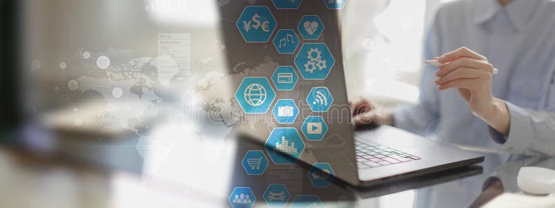 Digital Interaction and Data Visualization for Business Insights on a Wide Banner, Business and Technology Concept vector illustration