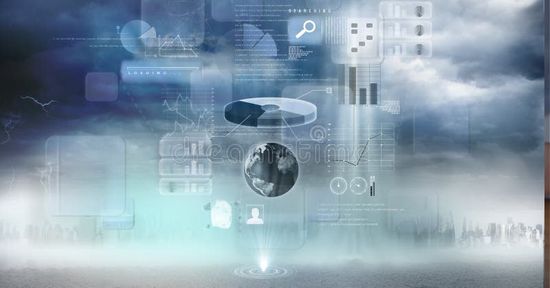 Digital interface with data processing against dark clouds over cityscape royalty free stock image
