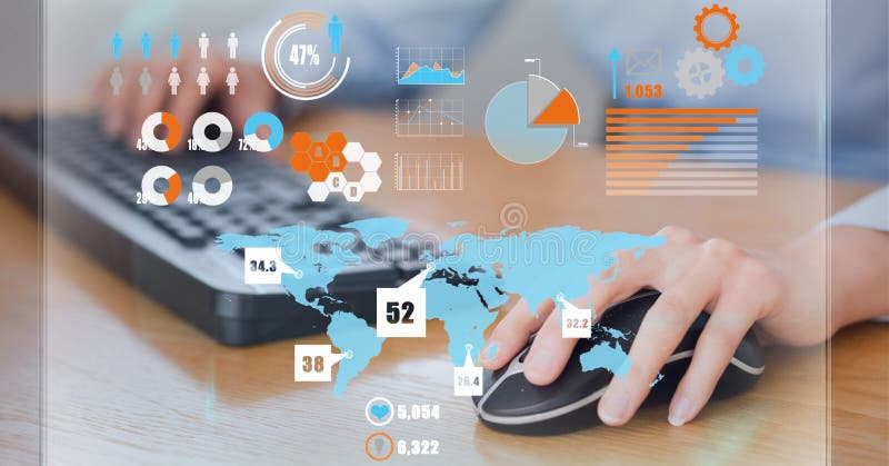 Digital interface with data processing against mid section of person using computer royalty free stock photos