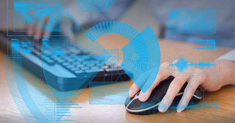 Digital interface with data processing against mid section of person using computer stock photos