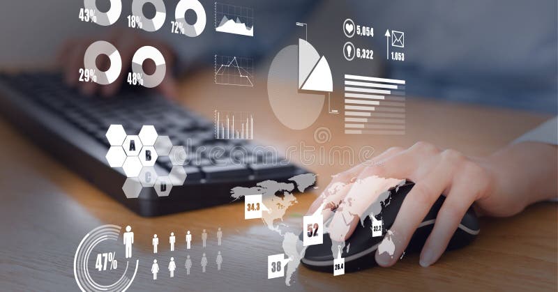 Digital interface with data processing against mid section of person using computer royalty free stock image