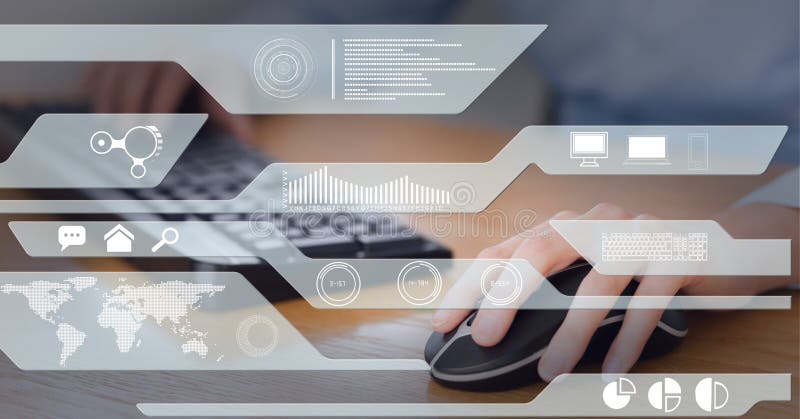 Digital interface with data processing against mid section of person using computer stock images