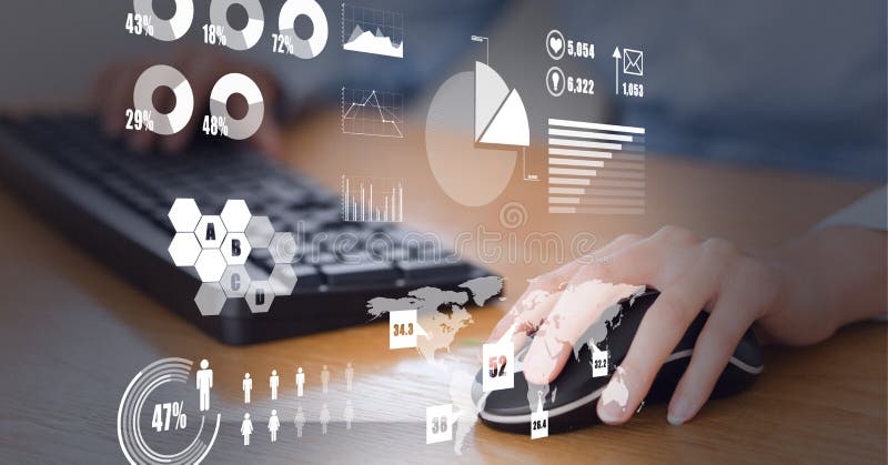 Digital interface with data processing against mid section of person using computer stock photo