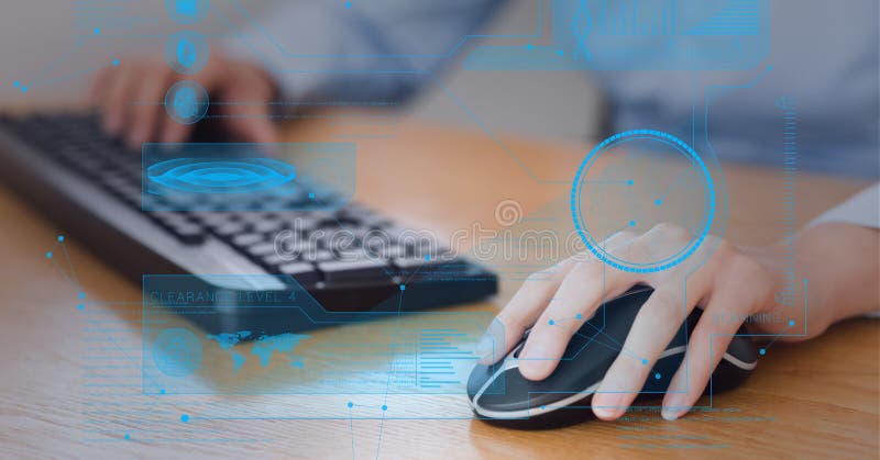 Digital interface with data processing against mid section of person using computer stock image