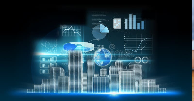 Digital interface with data processing over 3d cityscape model against black background royalty free illustration