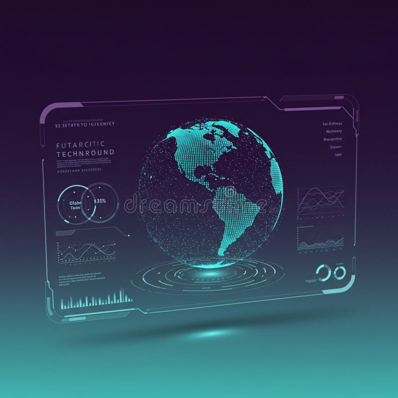 A digital interface displays a holographic globe centered in the image, with a dotted vector illustration
