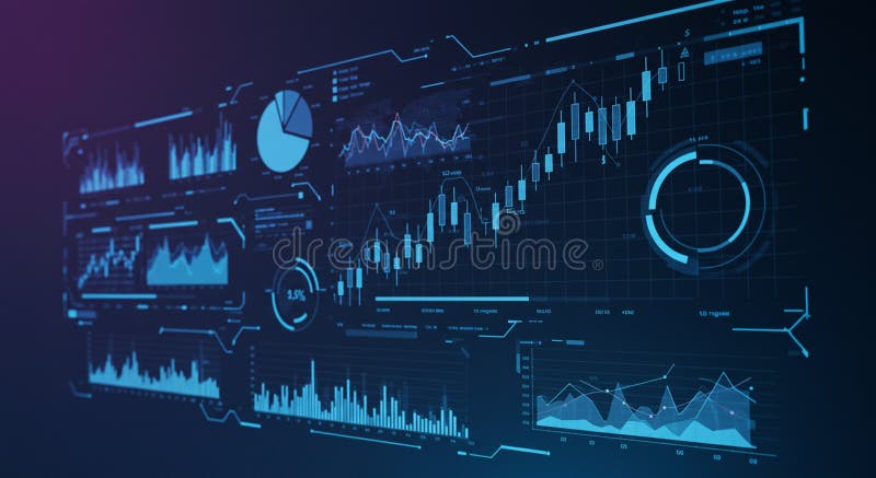 Digital interface featuring multiple data visualizations, including line and bar graphs stock illustration