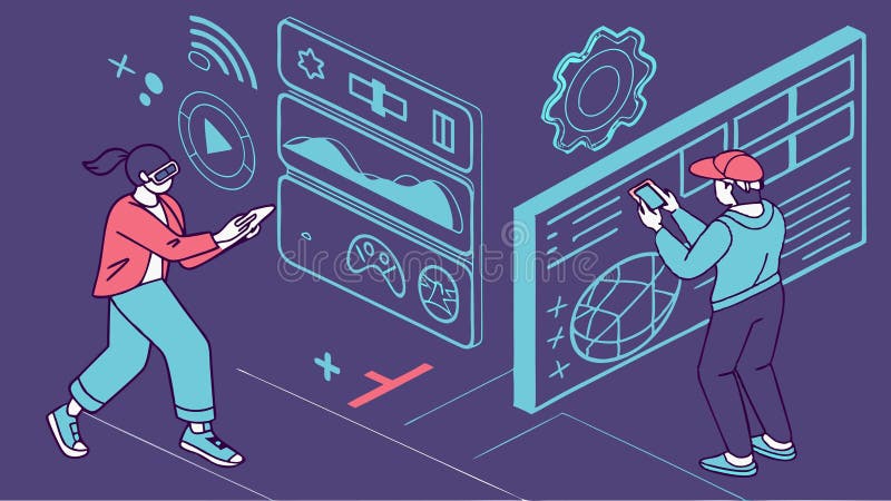 Digital interface interaction, people using technology and screens vector design Generative AI stock illustration