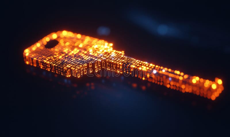 Digital key representation glowing with vibrant orange lights, showcasing intricate circuitry and technology design royalty free stock image