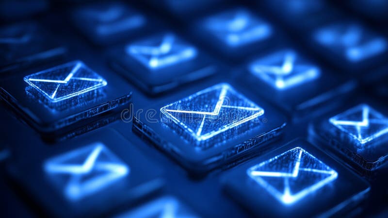 Digital keyboard with glowing email icons, symbolizing communication and technology. blue illumination adds modern touch royalty free illustration