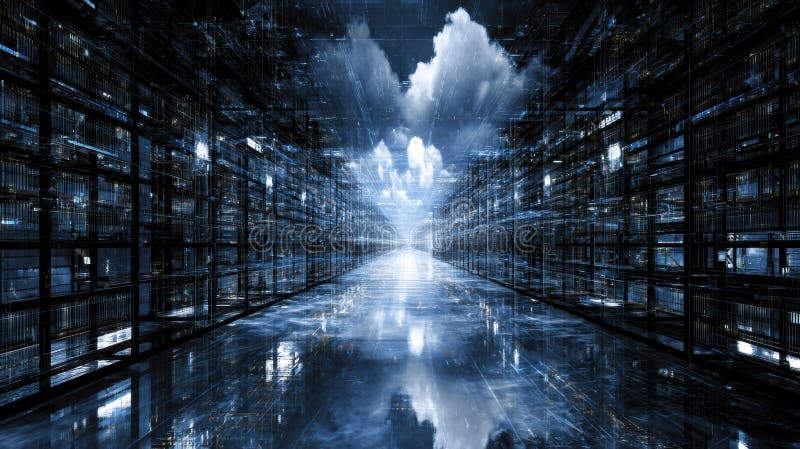 Digital Landscape Depicting a Futuristic Corridor With Reflections and Clouds, Showcasing Advanced Technology and royalty free stock photography