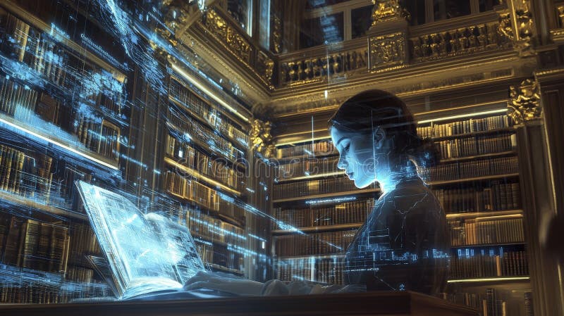 Digital library system revolutionizing global connections virtual library technology indoor close-up innovation generative ai illustration