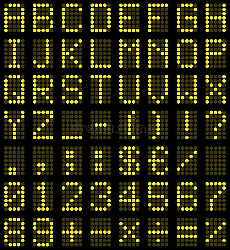 Yellow digital font with letters, punctuation marks and numbers, on black background. Eps file available. Yellow digital font with letters, punctuation marks and numbers, on black background. Eps file available.