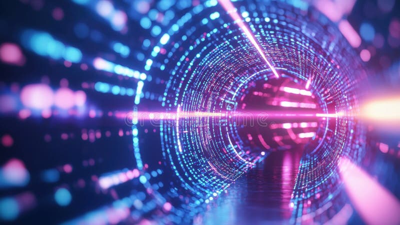 Digital light with iridescent tunnel blue particles swirling, generating luminous vortex effect and dynamic pink royalty free stock image