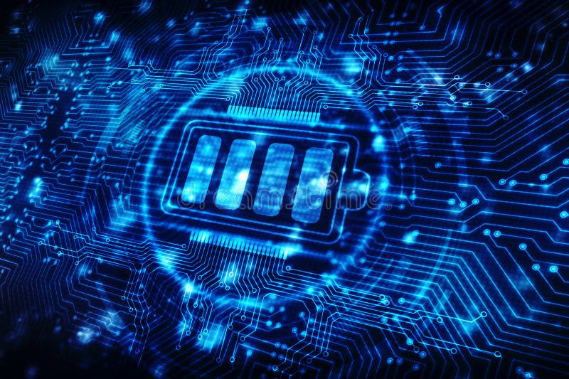 Digital lithium-ion rechargeable battery symbol, high voltage charging energy storage with glowing circuit board background stock illustration