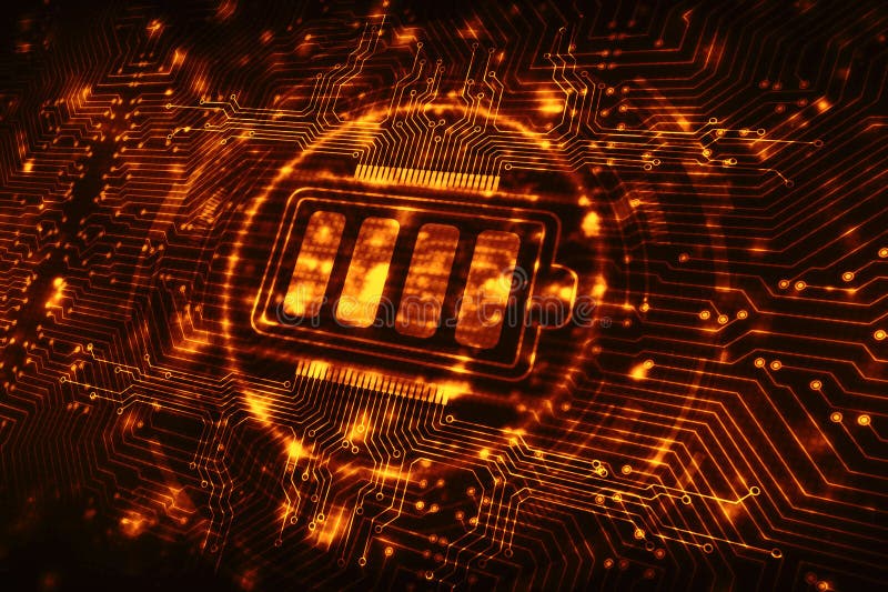 Digital lithium-ion rechargeable battery symbol, high voltage charging energy storage with glowing circuit board background royalty free illustration