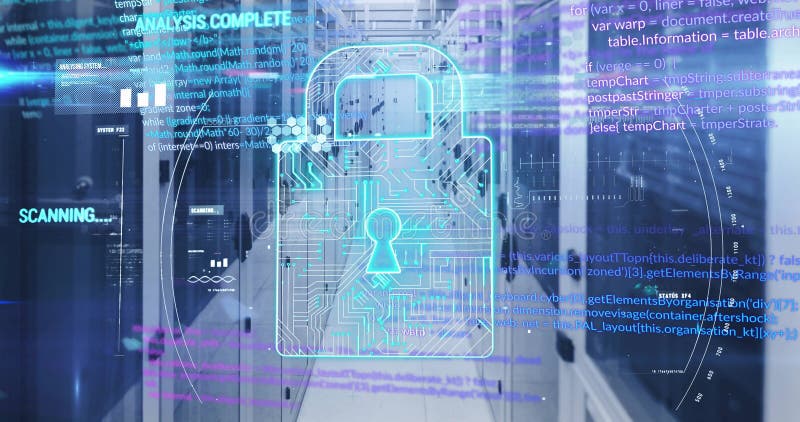 Digital lock and code processing image over server room background stock image