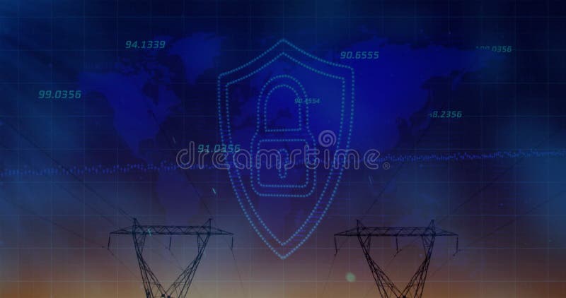 Digital lock and data animation over world map and power lines royalty free illustration