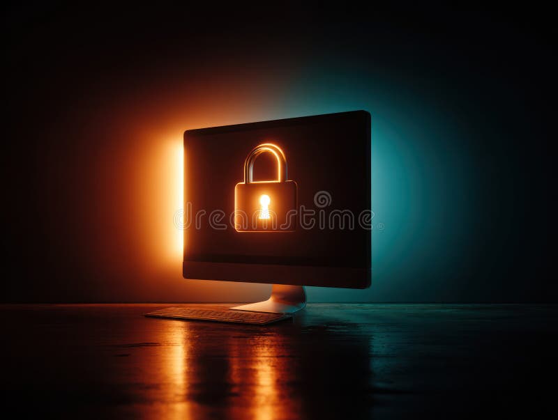 Digital lock glowing on computer screen with dark background symbolizing cybersecurity and data protection concept. AI generated
