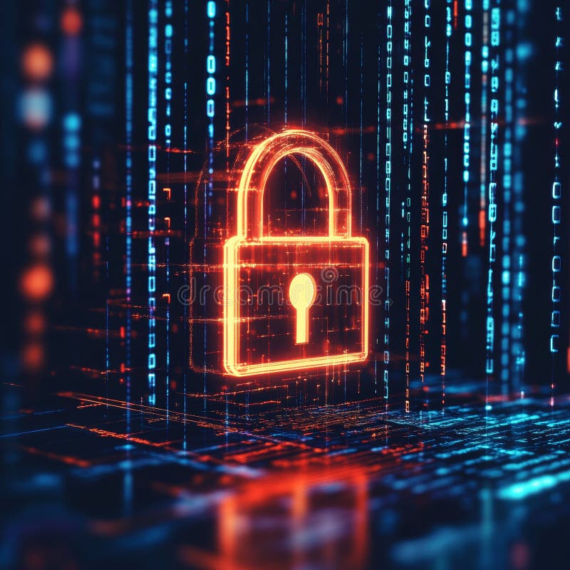 Digital Lock Icon in Cyber Space with Binary Data Background vector illustration