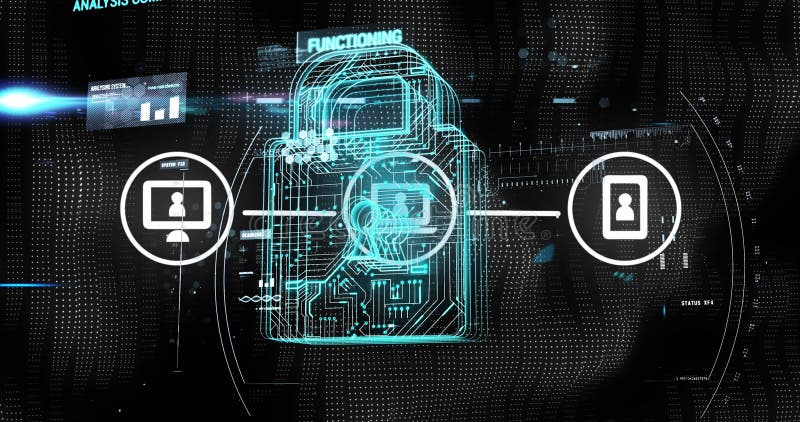 Digital lock interface showing secure data transfer technology on connected devices stock images