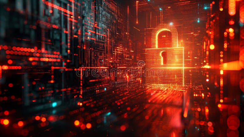 Digital lock with neon red lines, cybersecurity concept background. Generative AI stock photography