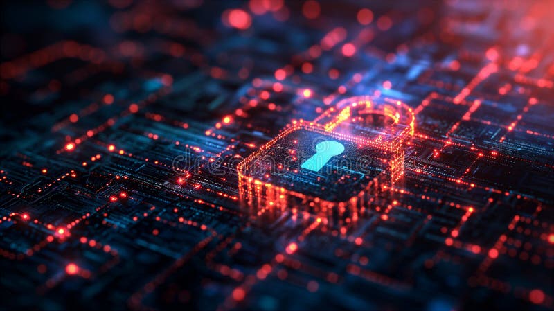 Digital lock with neon red lines, cybersecurity concept background. Generative AI royalty free stock photo