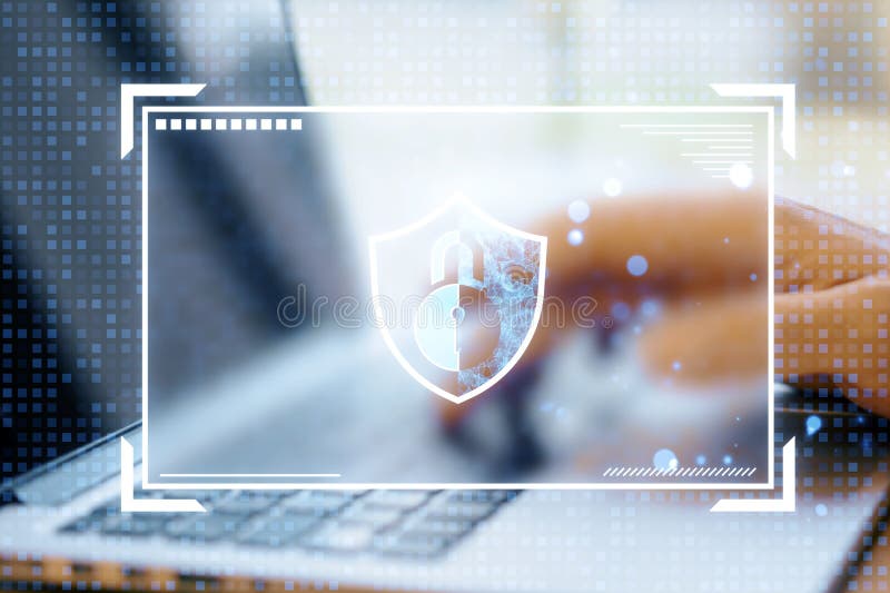 Digital lock and shield icon overlayed on a blurred laptop background, symbolizing cybersecurity and data protection royalty free stock photos