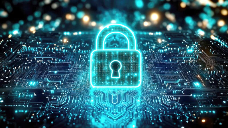 Digital Lock Symbol on a Circuit Board with a Glowing Data Stream stock images