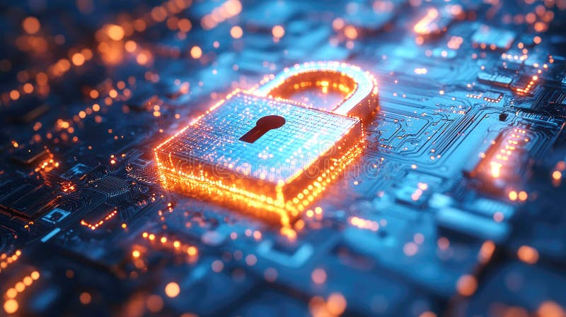 Digital Lock Symbol on a Circuit Board with a Glowing Data Stream royalty free stock images