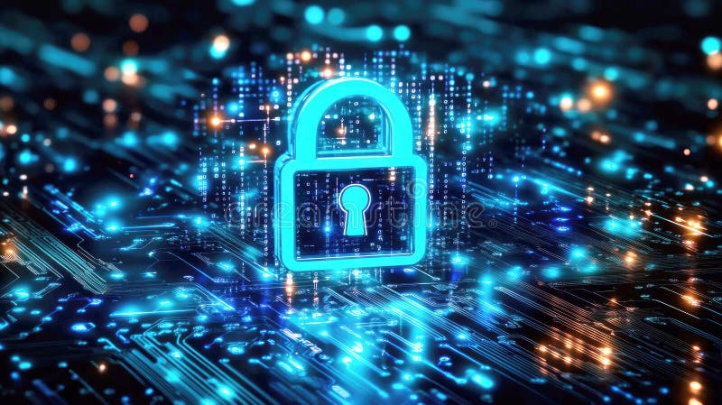 Digital Lock Symbol on a Circuit Board with a Glowing Data Stream stock image