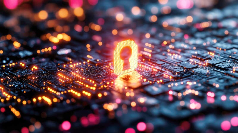 Digital Lock Symbol on Circuit Board with Technology Concepts stock photo